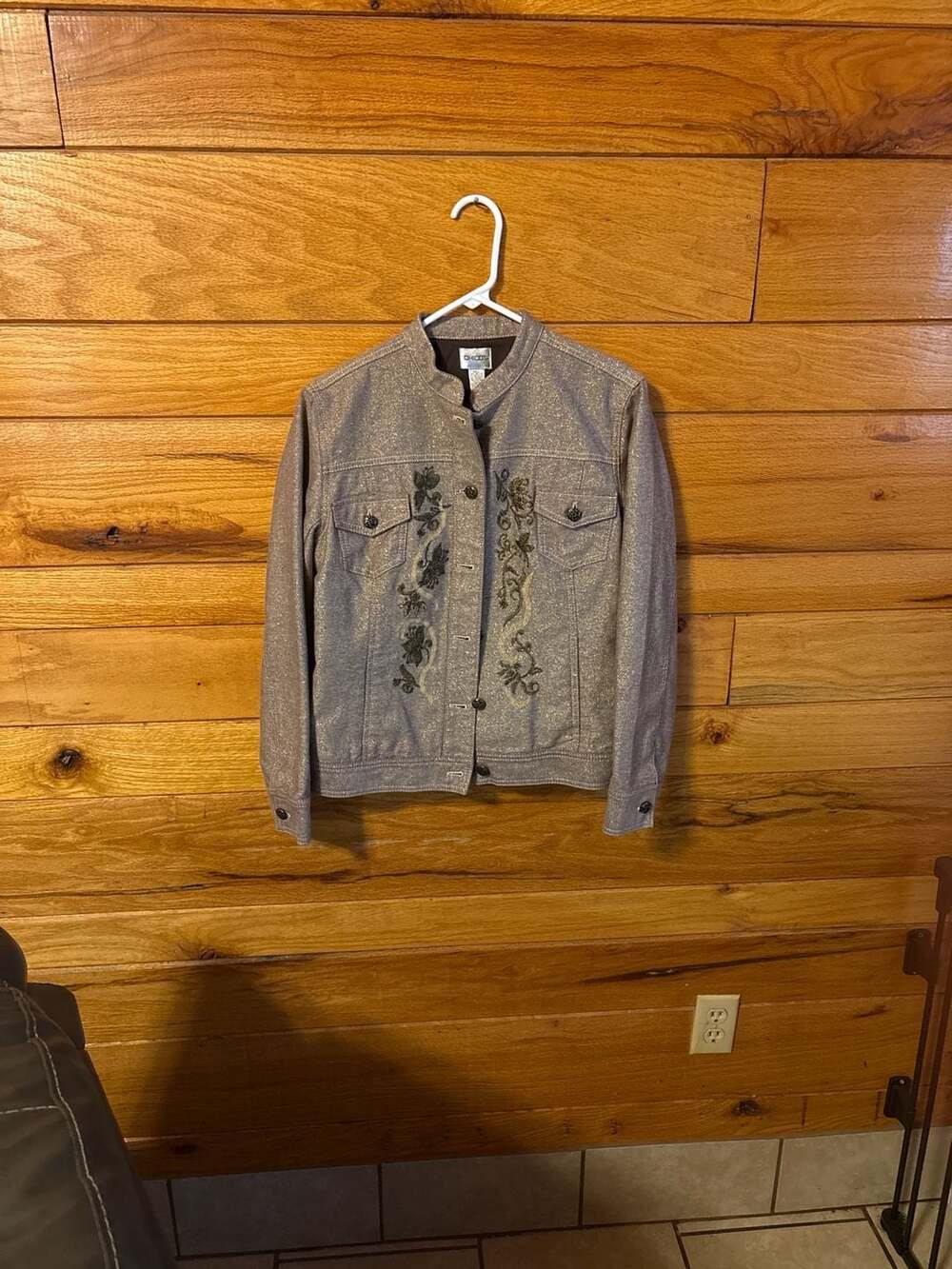 Chico's Gold Metallic Shimmer Embroidered Denim Jean Jacket